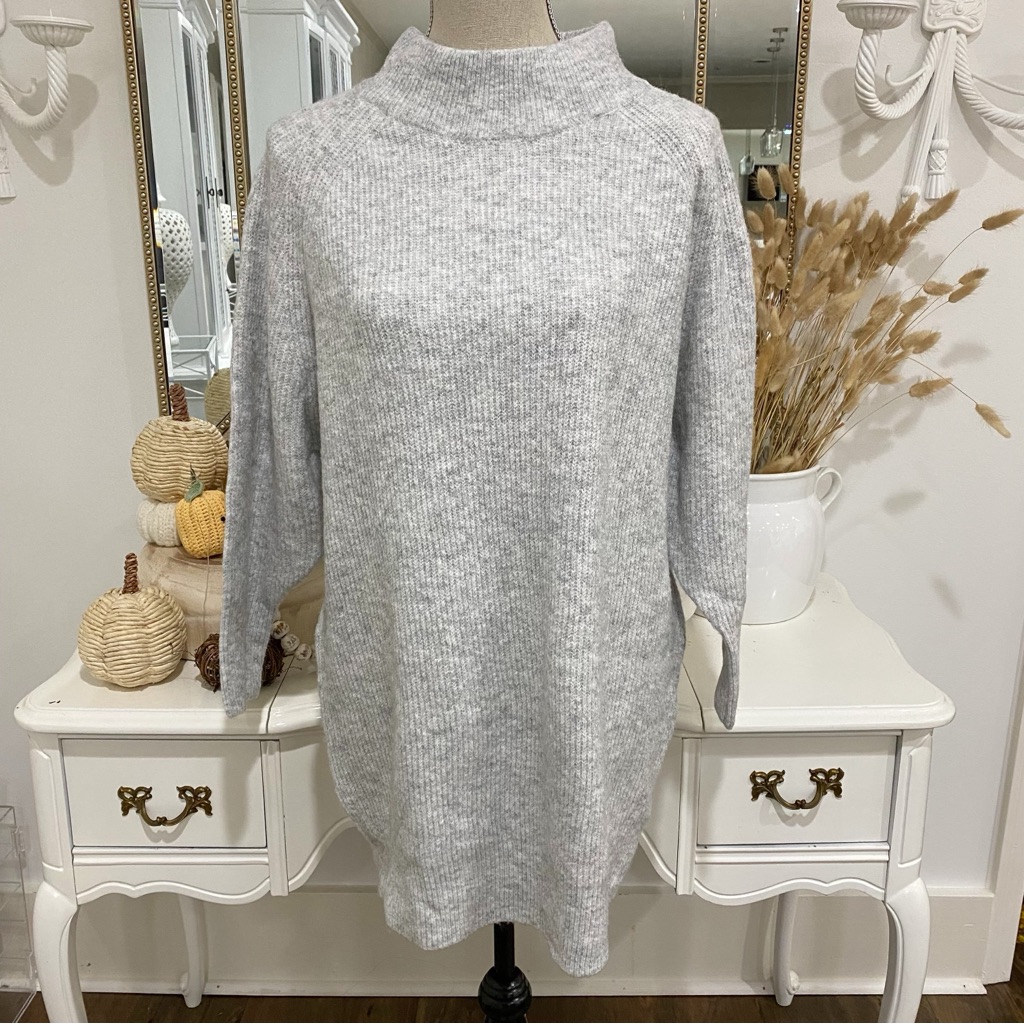 Topshop Gray Knit Tunic Sweater Ribbed Sz Xs Cozy Office Wear Mock Neck